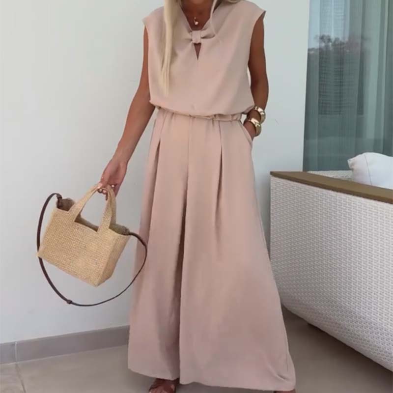 Haut sans manches à col en V et pantalon ample Ensemble 2 pièces