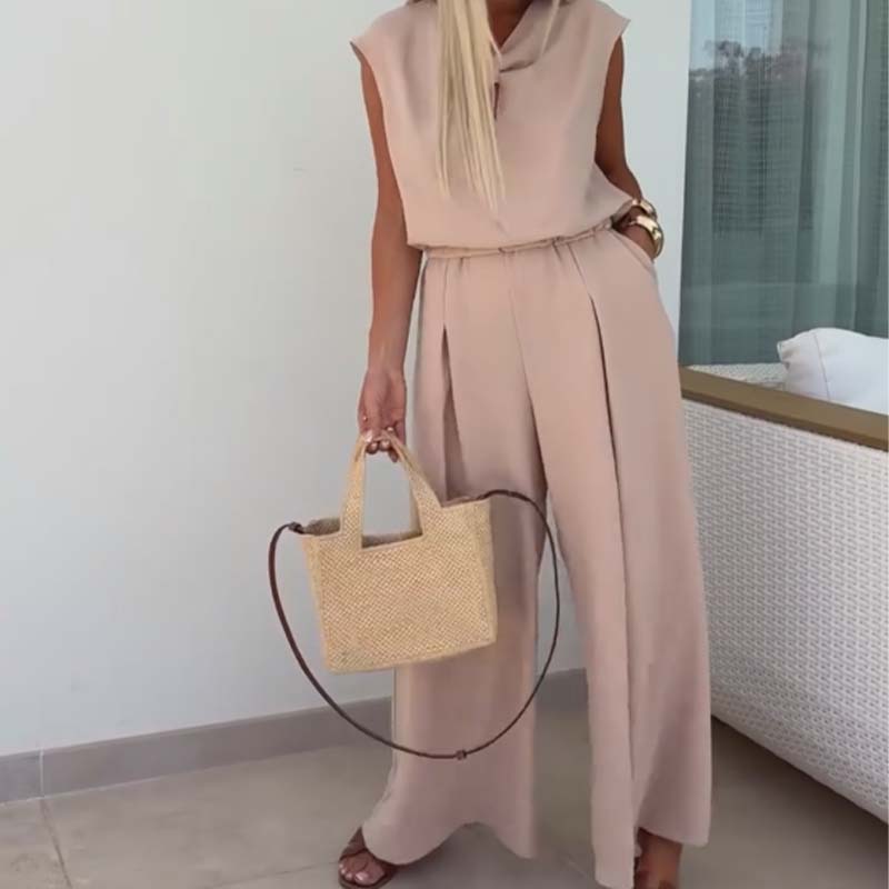 Haut sans manches à col en V et pantalon ample Ensemble 2 pièces