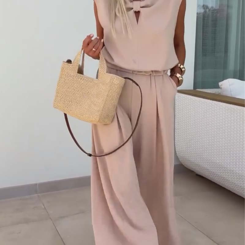 Haut sans manches à col en V et pantalon ample Ensemble 2 pièces