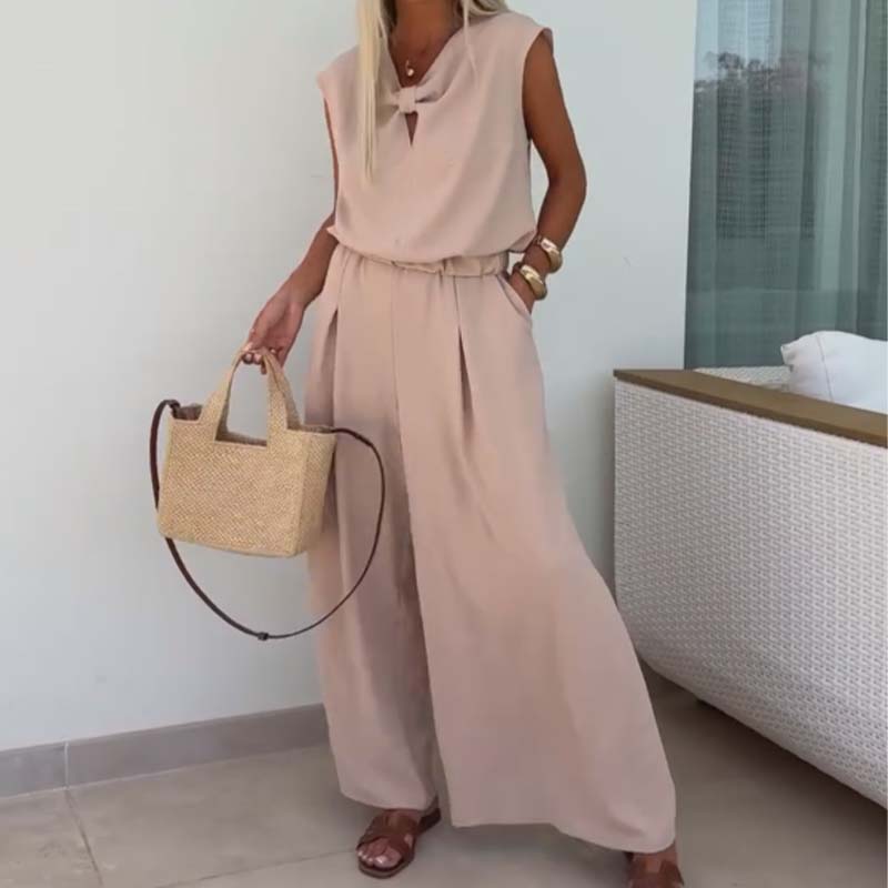 Haut sans manches à col en V et pantalon ample Ensemble 2 pièces