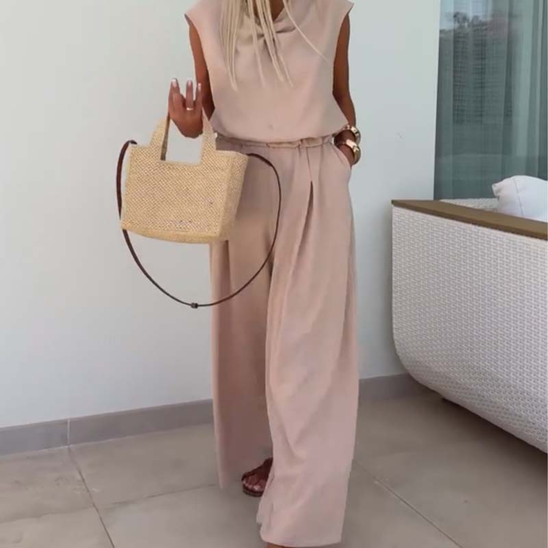 Haut sans manches à col en V et pantalon ample Ensemble 2 pièces