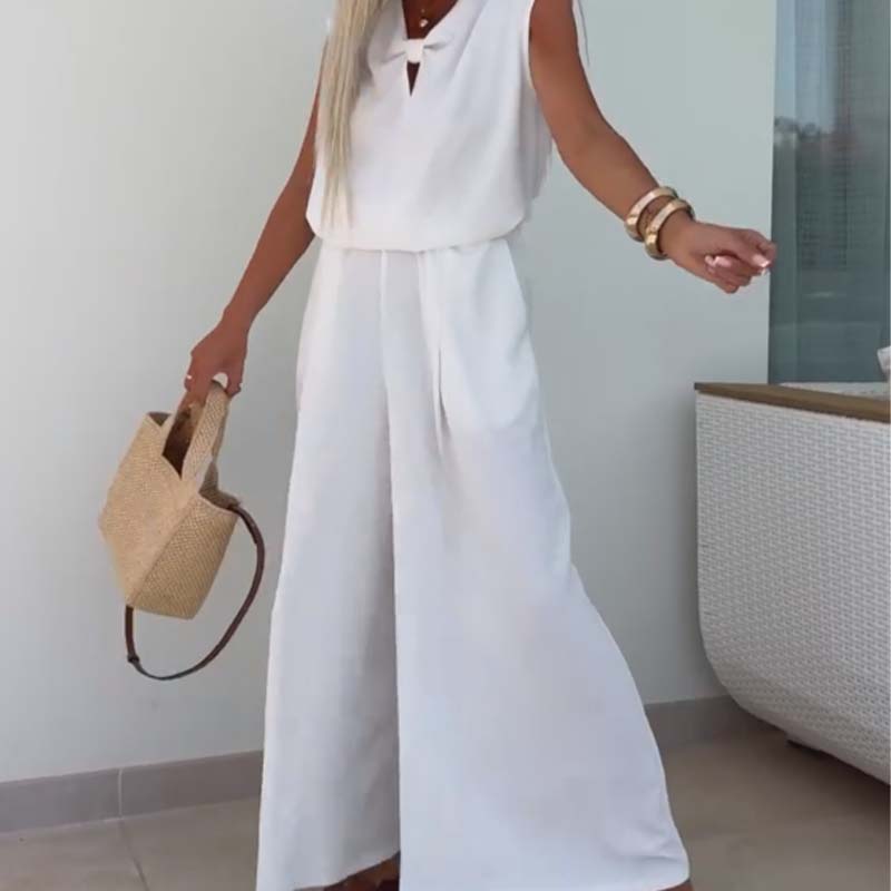 Haut sans manches à col en V et pantalon ample Ensemble 2 pièces