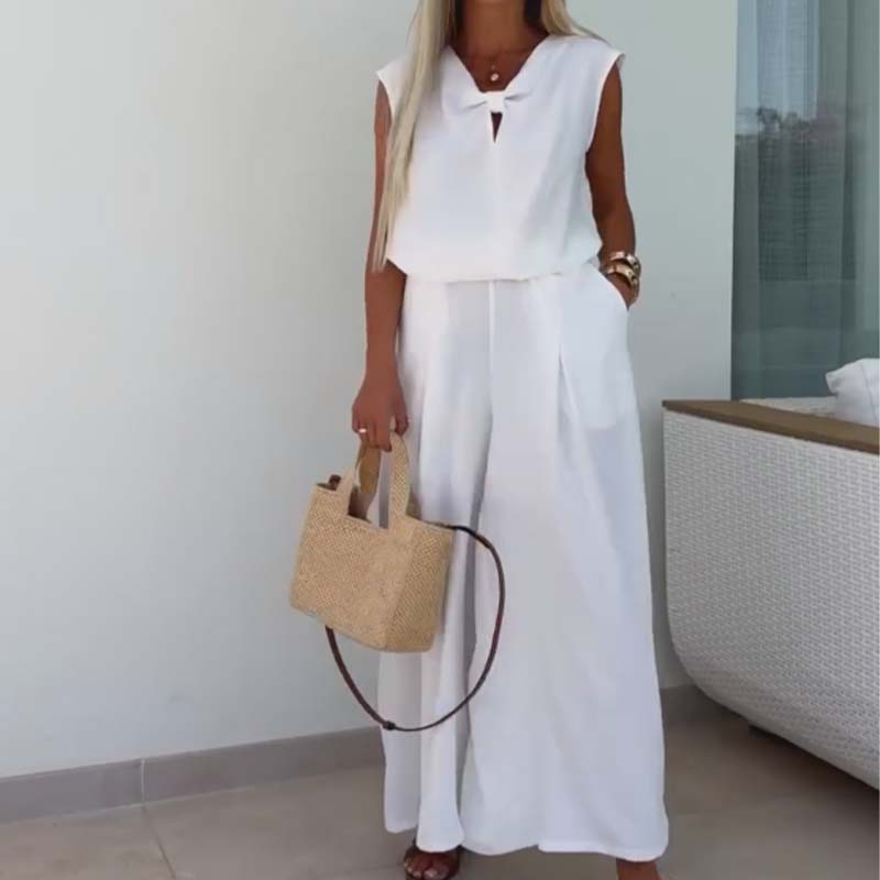 Haut sans manches à col en V et pantalon ample Ensemble 2 pièces